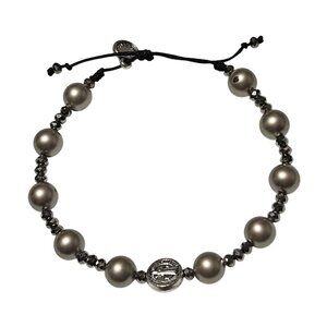 Religious Beaded Adjustable Bracelet Medal Charms Knotted Black Cord Silver Bead